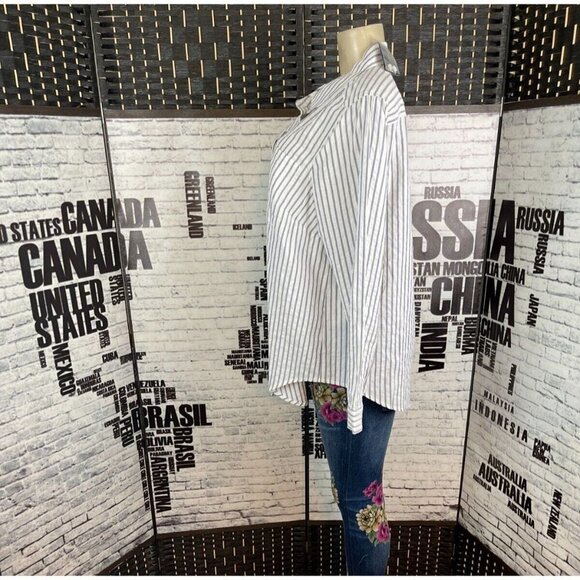 Torrid 1 Vanilla Slate Blue Vertical Striped Button Collar Long Sleeve Shirt - Picture 2 of 5